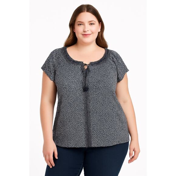 Boho Geometric Print Peasant Blouse Navy White Style & Co 0X - Picture 1 of 6